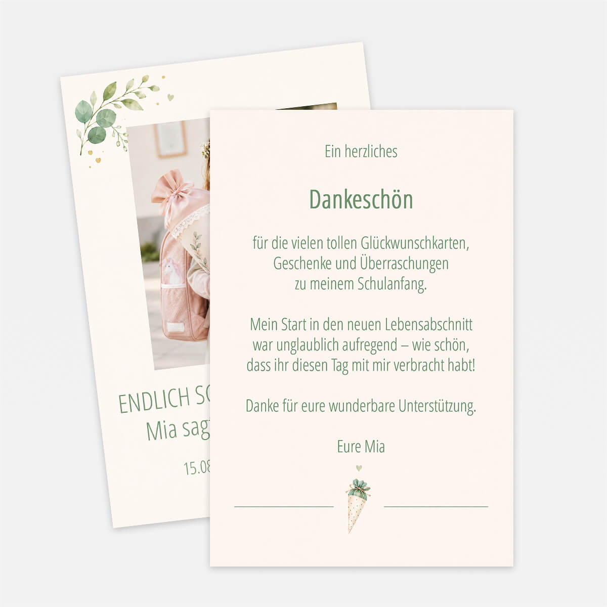 Rückseite der Dankeskarte Greenery Schulkind mit persönlichem Dankestext zur Einschulung #Postkarte