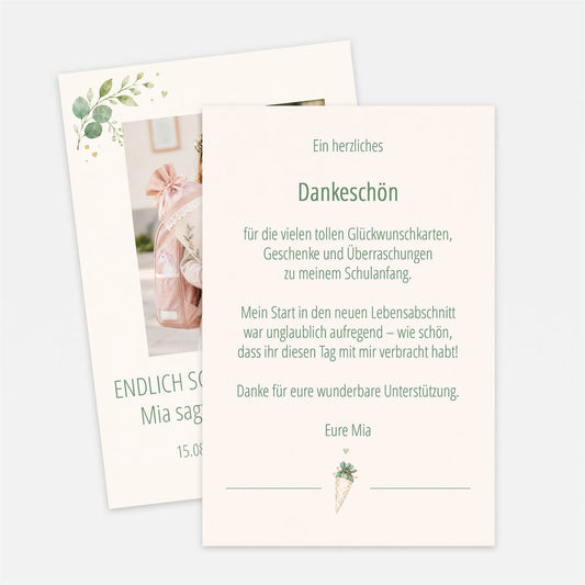 Rückseite der Dankeskarte Greenery Schulkind mit persönlichem Dankestext zur Einschulung #Postkarte