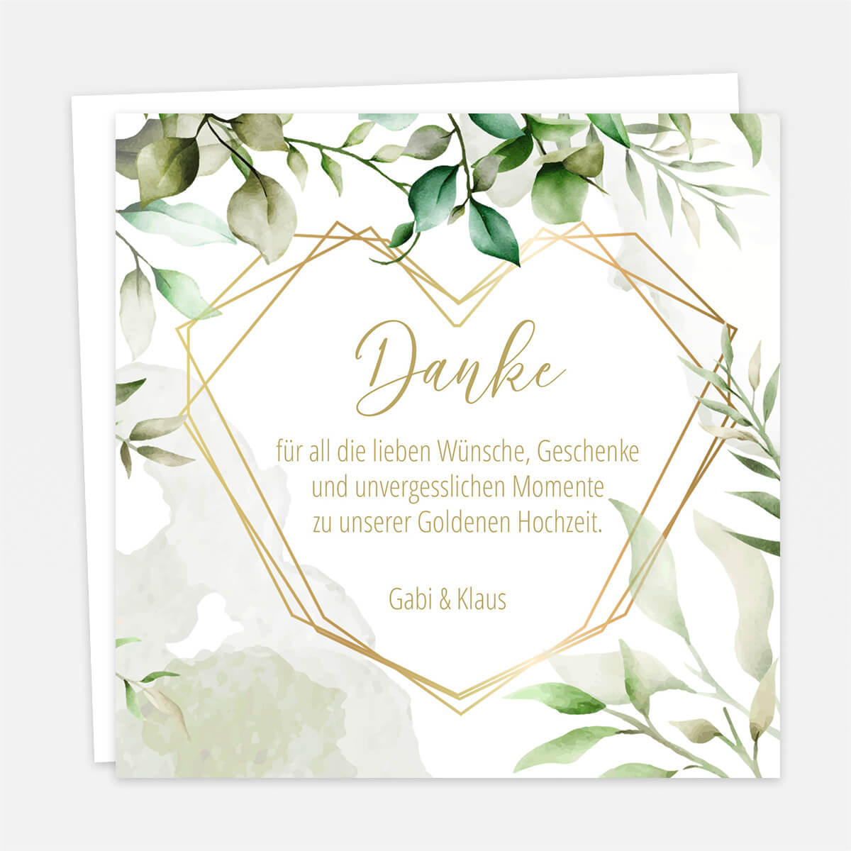 Dankeskarte zur Goldenen Hochzeit mit Greenery und goldenem Herz, einseitig bedruckt #Fotokarte