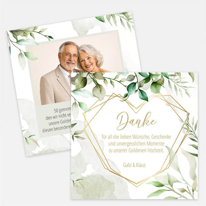 Dankeskarte zur Goldenen Hochzeit mit Greenery und goldenem Herz beidseitig bedruckt #Postkarte