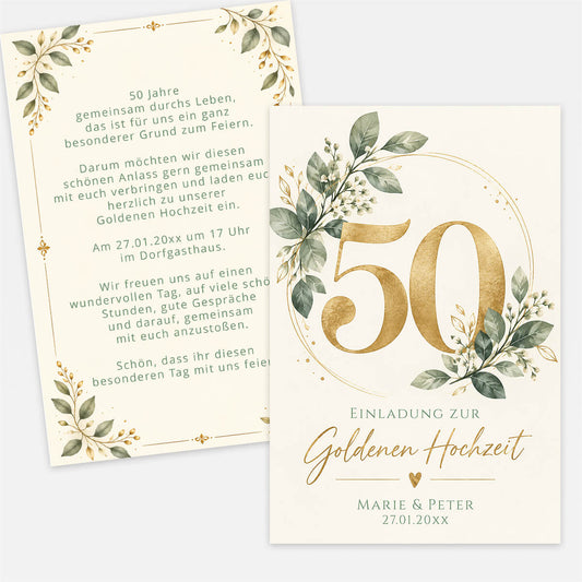 Einladung zur Goldenen Hochzeit Greenery 50 mit goldener 50 und grünen Blättern #Postkarte