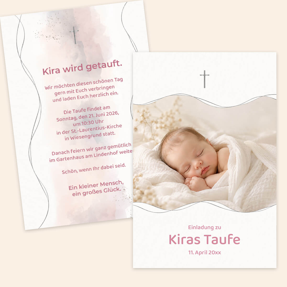 Moderne Taufeinladung Zarte Welle mit Babyfoto, kleinem Kreuz, feinen Linien und zartem Aquarellhintergrund #Postkarte