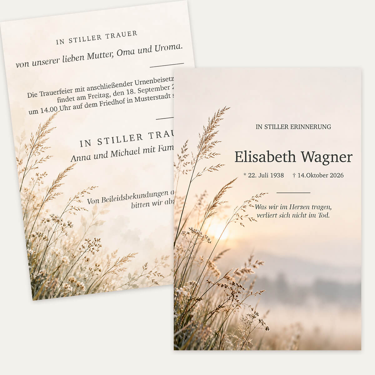 Einladung zur Trauerfeier Abendlicht mit feinen Gräsern und warmem Licht in Beige- und Cremetönen #Postkarte