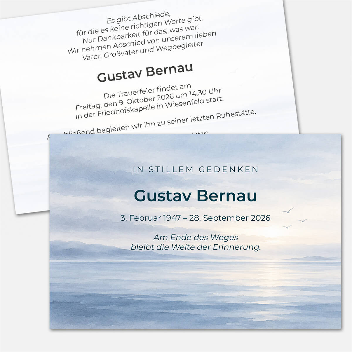 Ruhige Einladung zur Trauerfeier Himmelsweite mit blauem Aquarellhimmel, weitem Horizont und kleinen Vögeln #Postkarte