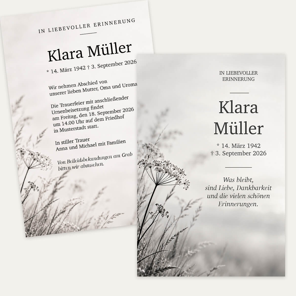 Elegante Einladung zur Trauerfeier Stille Blüte mit feinen Wiesenblumen und Gräsern in Schwarz Weiß und Grau #Postkarte