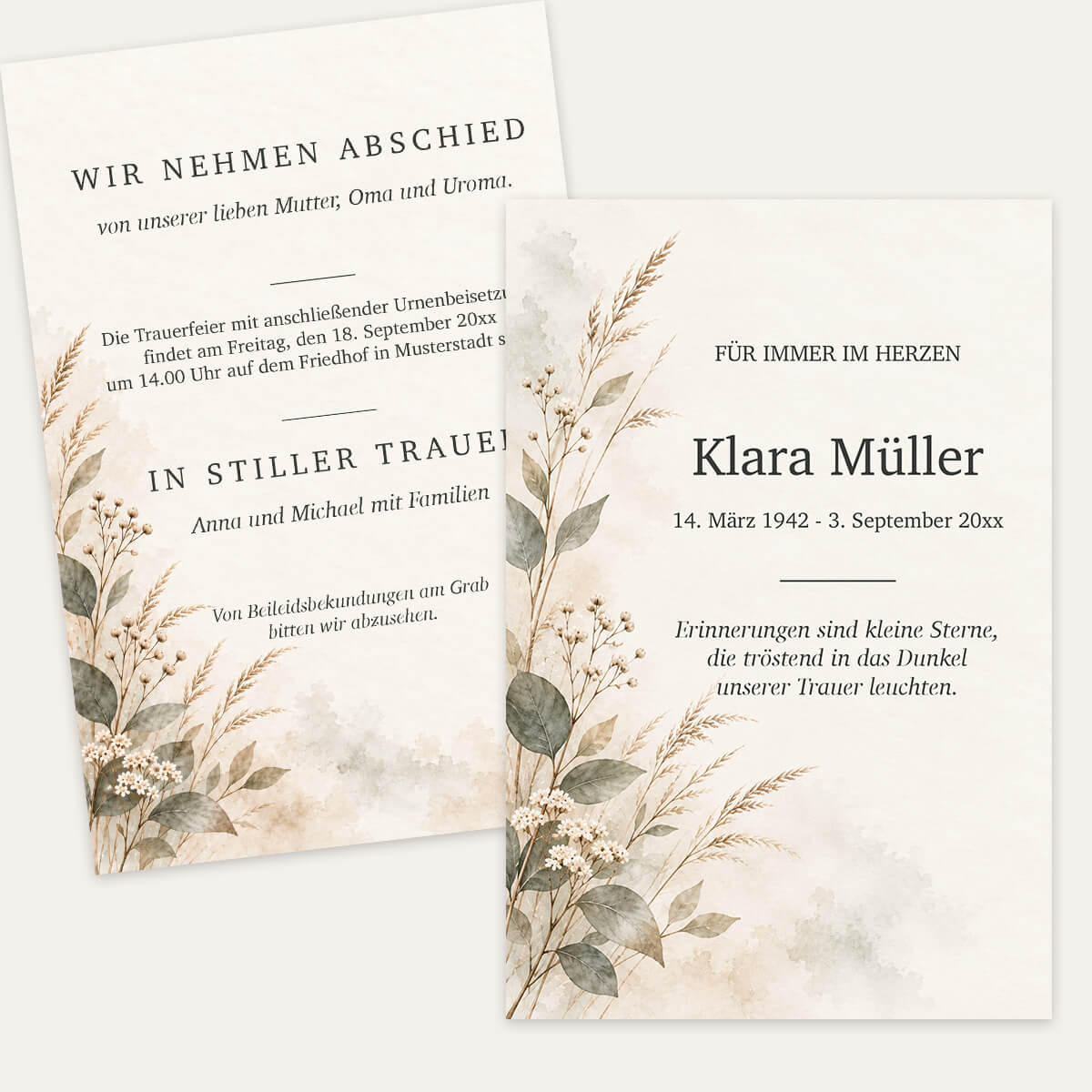 Botanische Einladung zur Trauerfeier Stiller Garten mit zarten Gräsern, Blättern und Blüten in Beige und Grün #Postkarte