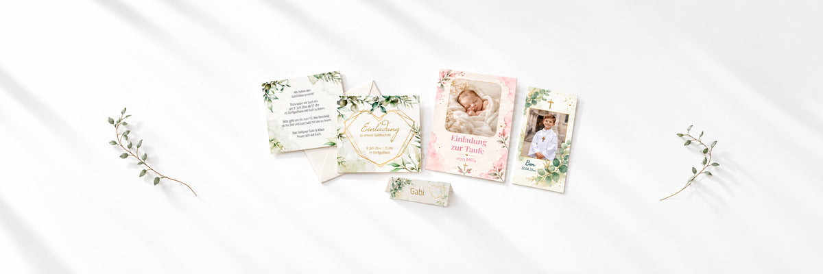 Personalisierbare Einladungen zur Goldenen Hochzeit und Taufe, Kommunionkarte und Tischkarte mit Greenery-Motiven von Sonnentinte