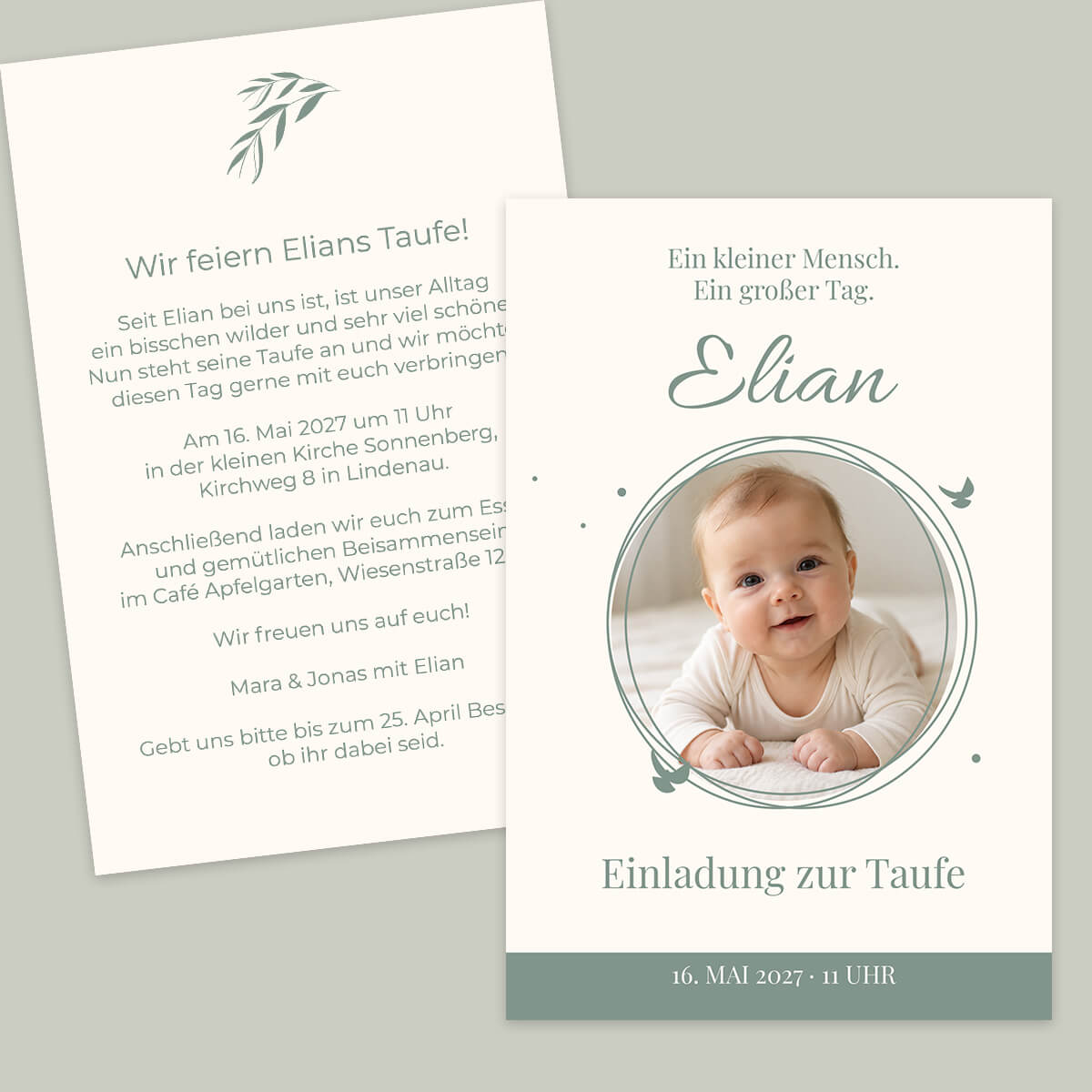 Schlichte Taufeinladung Herzenskreis mit rundem Babyfoto, grünen Linien, kleinem Vogel und modernem Design #Postkarte