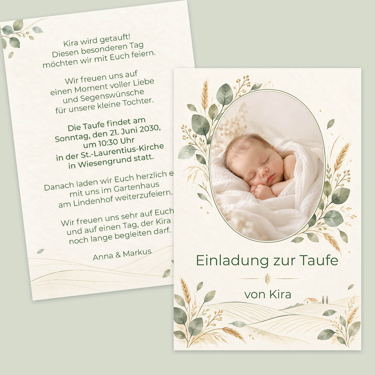 Taufeinladung Wiesenglück mit Babyfoto, Eukalyptus, Ähren und zarter Landschaft in Grün und Creme #Postkarte
