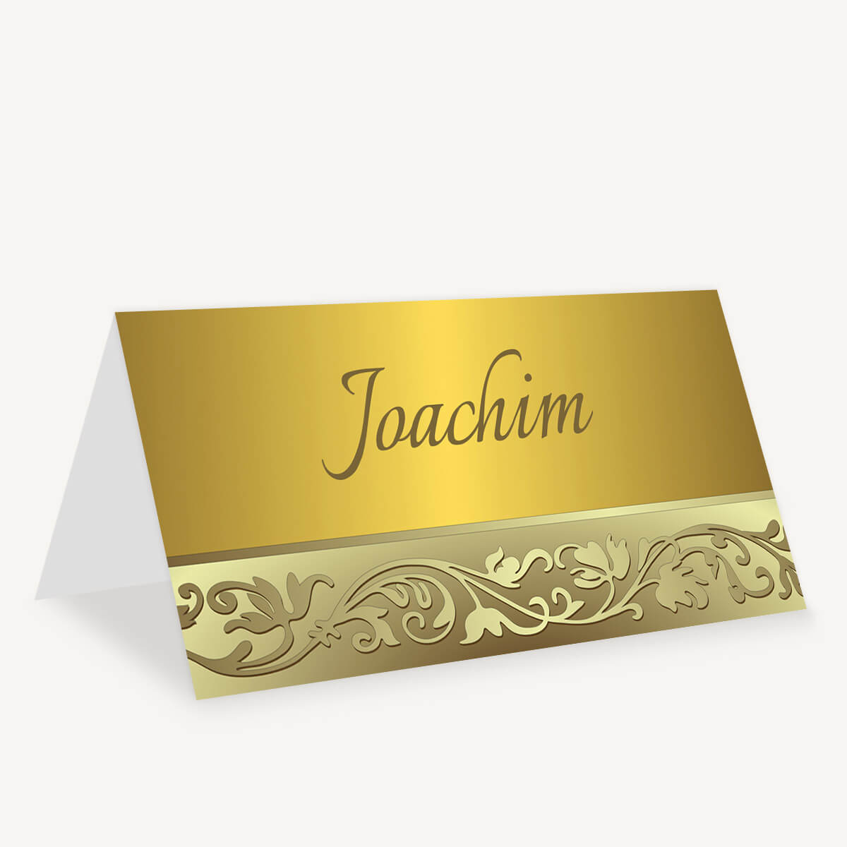 Aufgestellte Tischkarte Goldornament in Goldoptik mit Ornamentbordüre und dem Beispielnamen Joachim